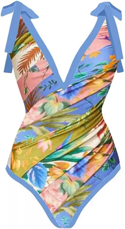 IDOPIP Women's One Piece Swimsuit with Beach Cover up Wrap Skirt Sarong Retro Floral Print Bikini Set Two Piece Bathing Suit