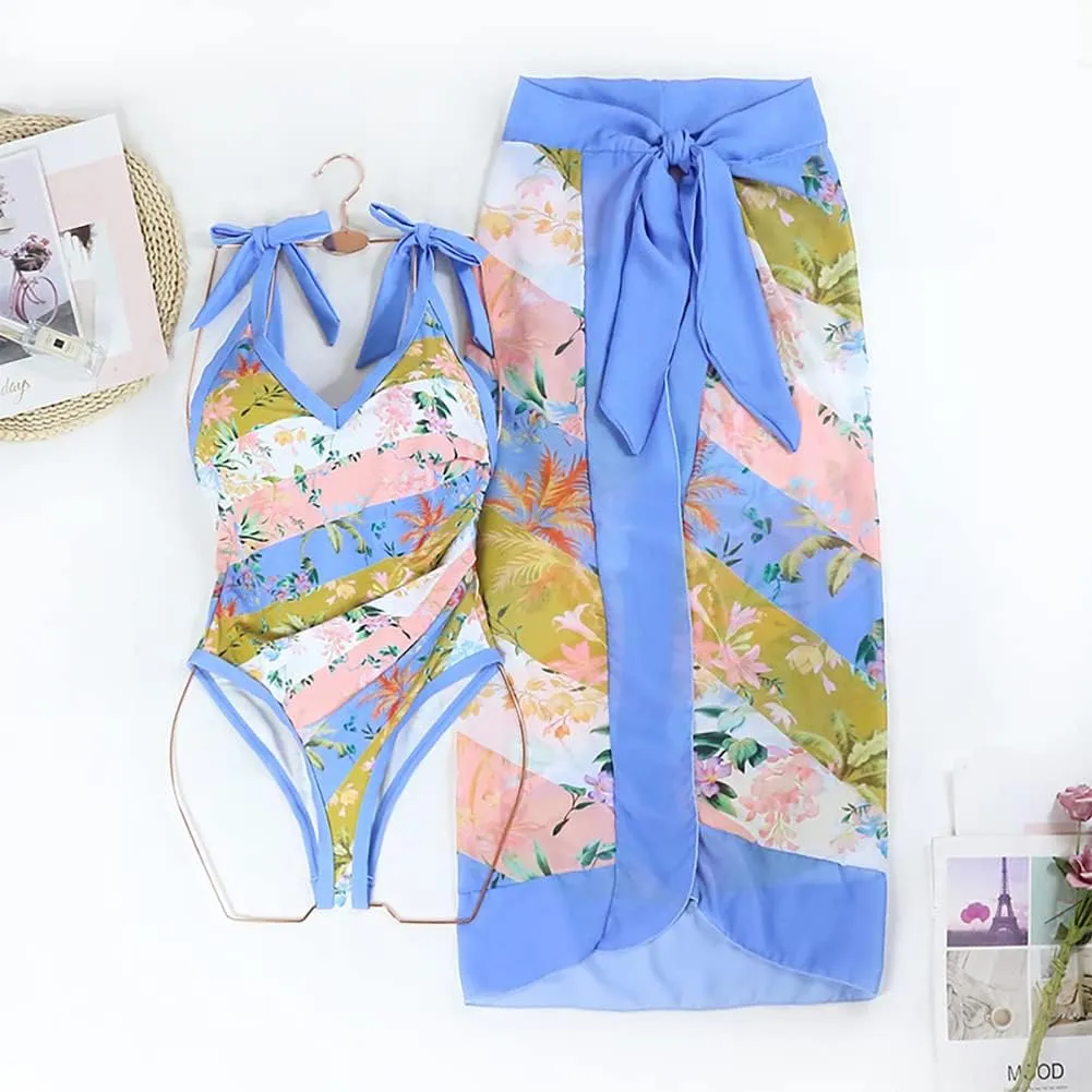 IDOPIP Women's One Piece Swimsuit with Beach Cover up Wrap Skirt Sarong Retro Floral Print Bikini Set Two Piece Bathing Suit