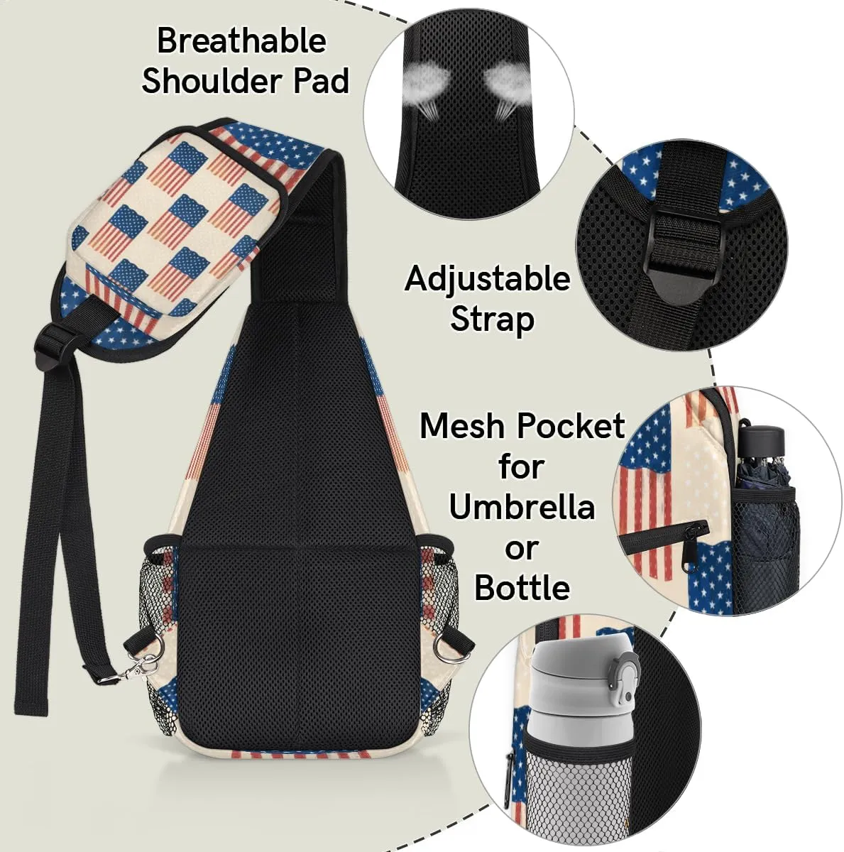Independence Day Usa Flags Sling Bag for Women Men Crossbody Sling Backpack Shoulder Bag Chest Bag Daypack for Travel Hiking Outdoor