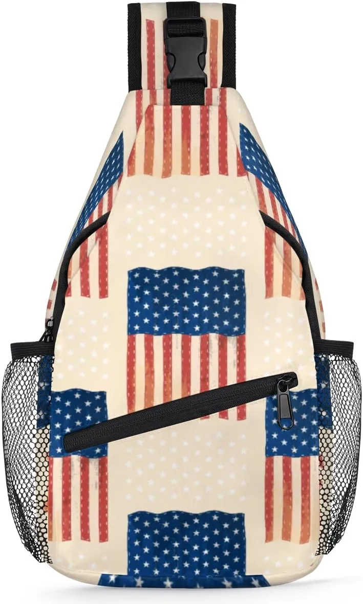 Independence Day Usa Flags Sling Bag for Women Men Crossbody Sling Backpack Shoulder Bag Chest Bag Daypack for Travel Hiking Outdoor