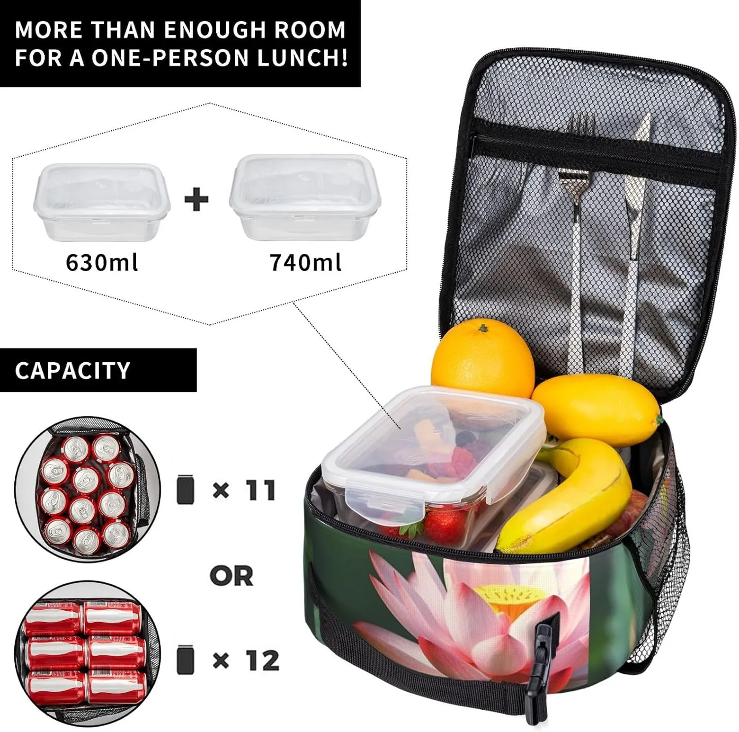 Insulated Lunch Bag for Men Women Reusable Lunch Box Beautiful Lotus Flower Lunchbox Leakproof Cooler Bags for Work Picnic