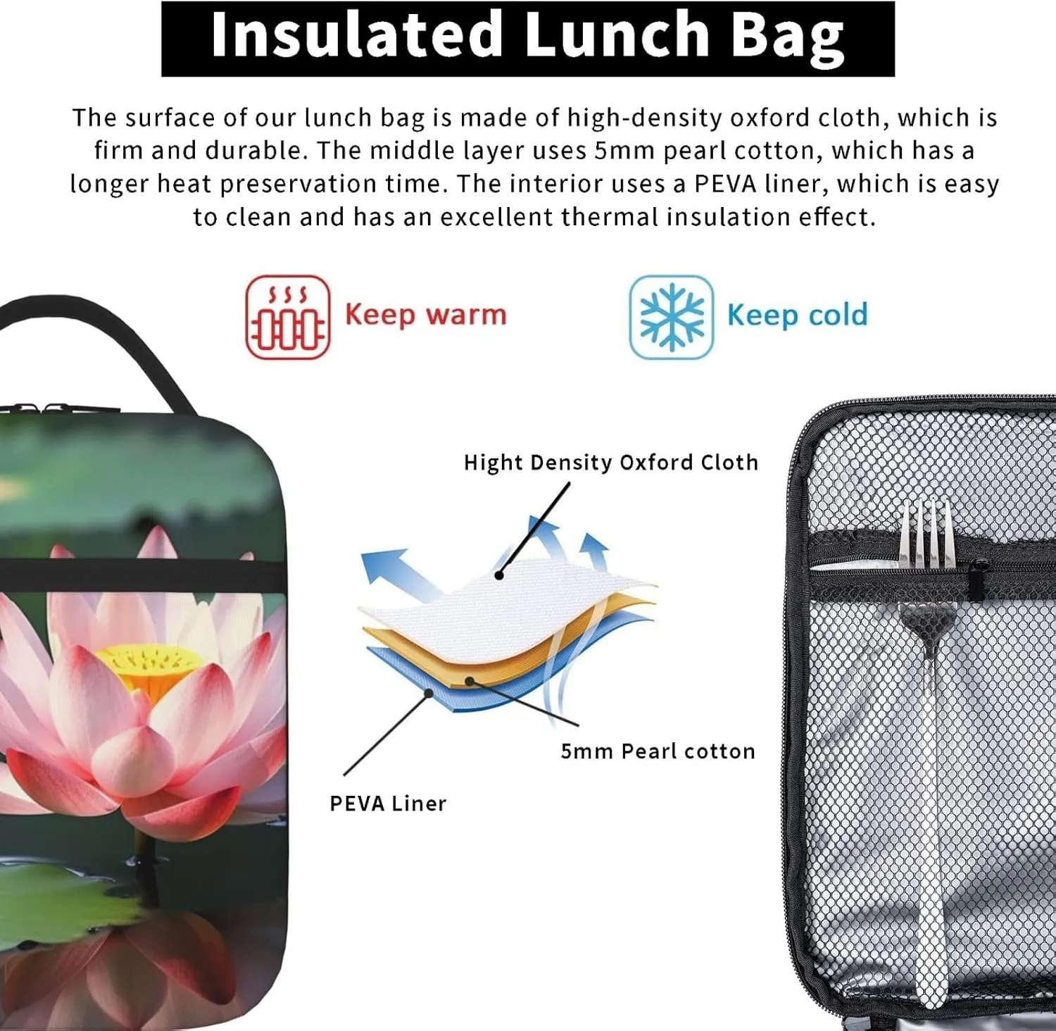 Insulated Lunch Bag for Men Women Reusable Lunch Box Beautiful Lotus Flower Lunchbox Leakproof Cooler Bags for Work Picnic
