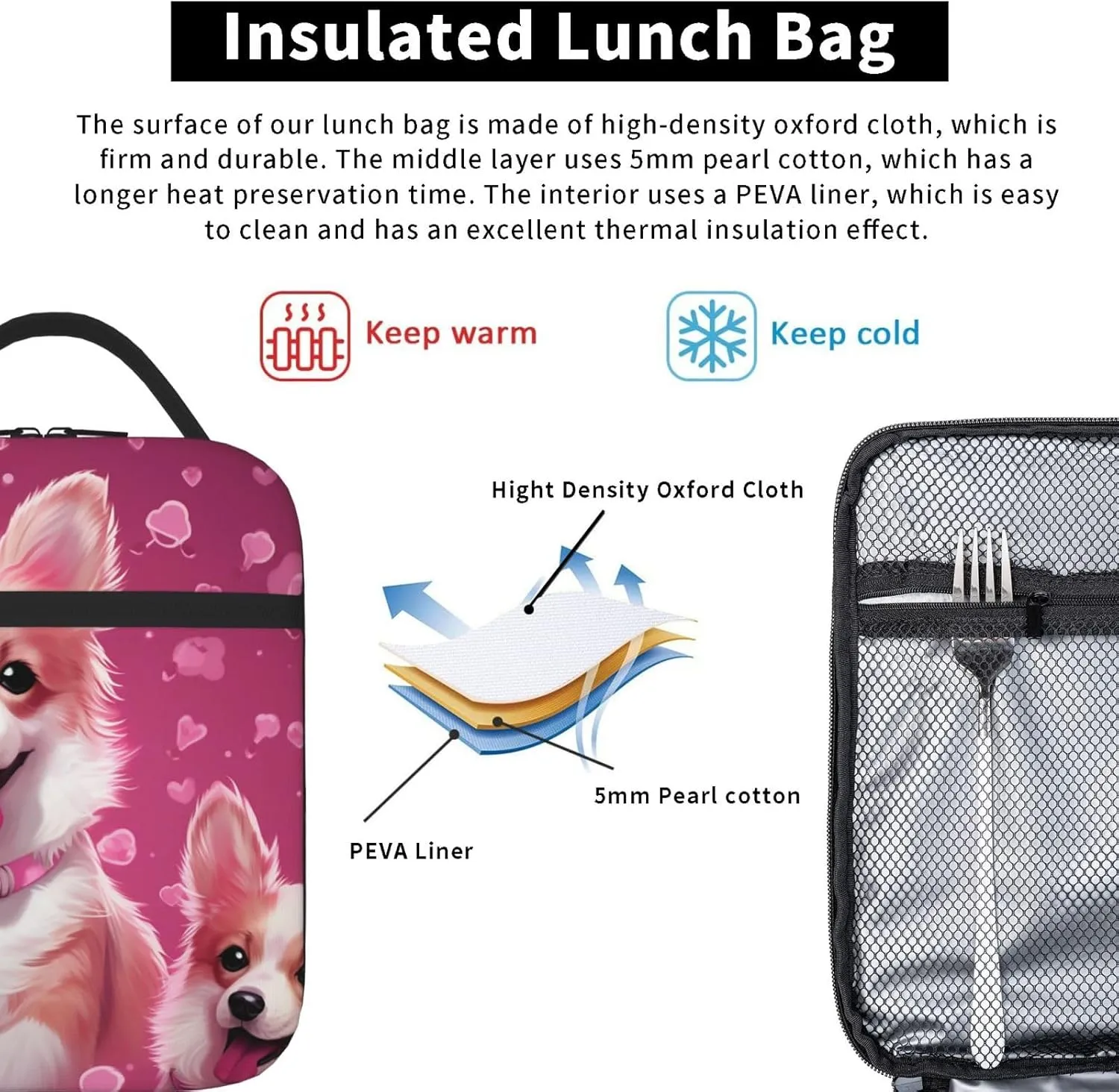 Insulated Lunch Bag for Men Women Reusable Lunch Box Cute Corgi Dog Lunchbox Leakproof Cooler Bags for Work Picnic
