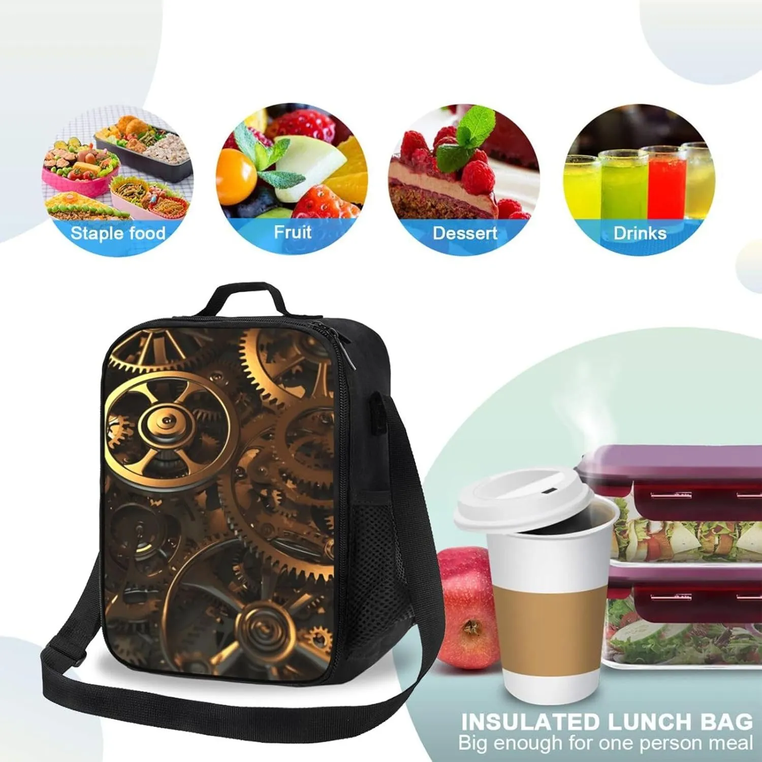 Insulated Lunch box for Men Women Reusable Lunch Bag Cool Steampunk Gears Cooler Tote Bags for Work Picnic