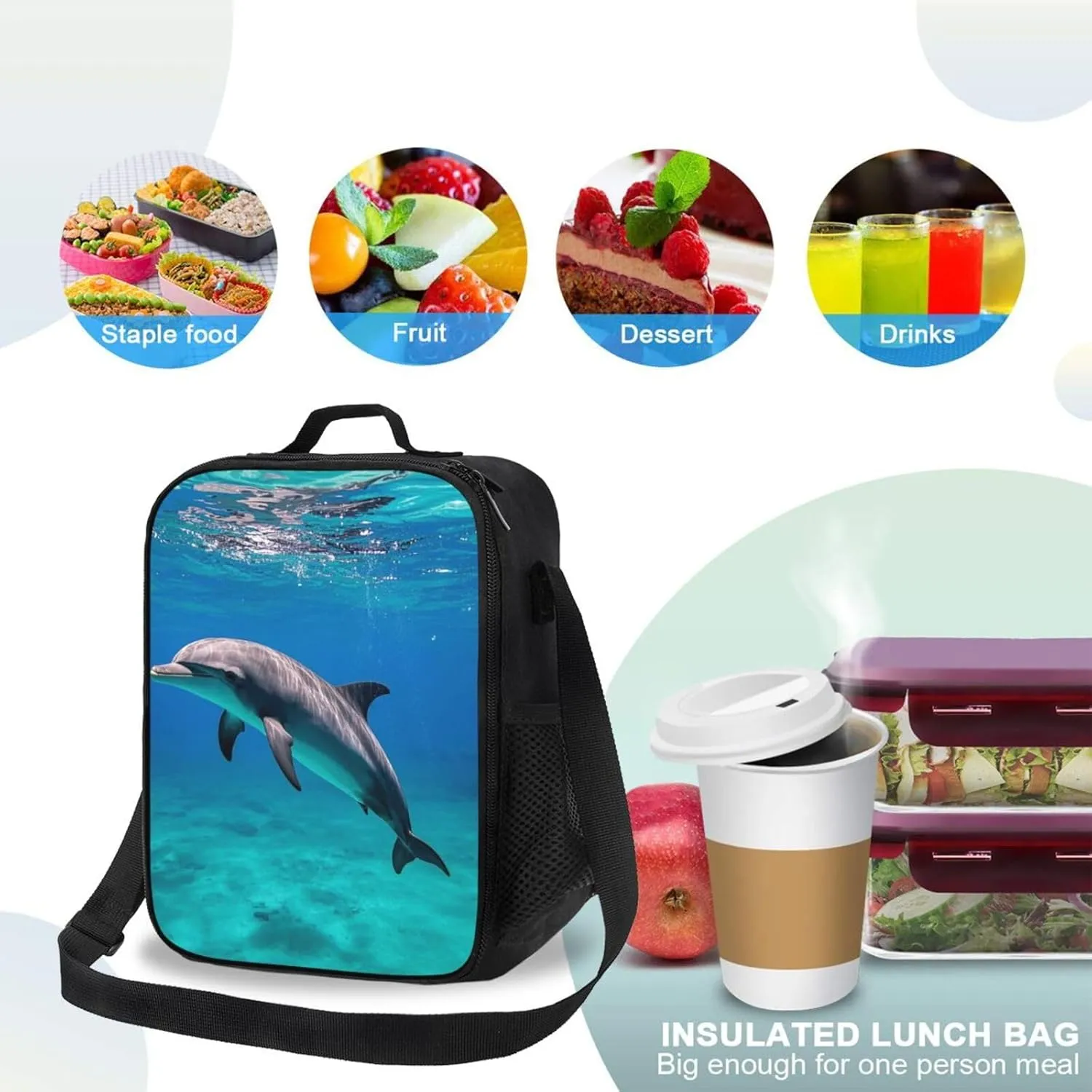 Insulated Lunch box for Men Women Reusable Lunch Bag Marine dolphin Cooler Tote Bags for Work Picnic
