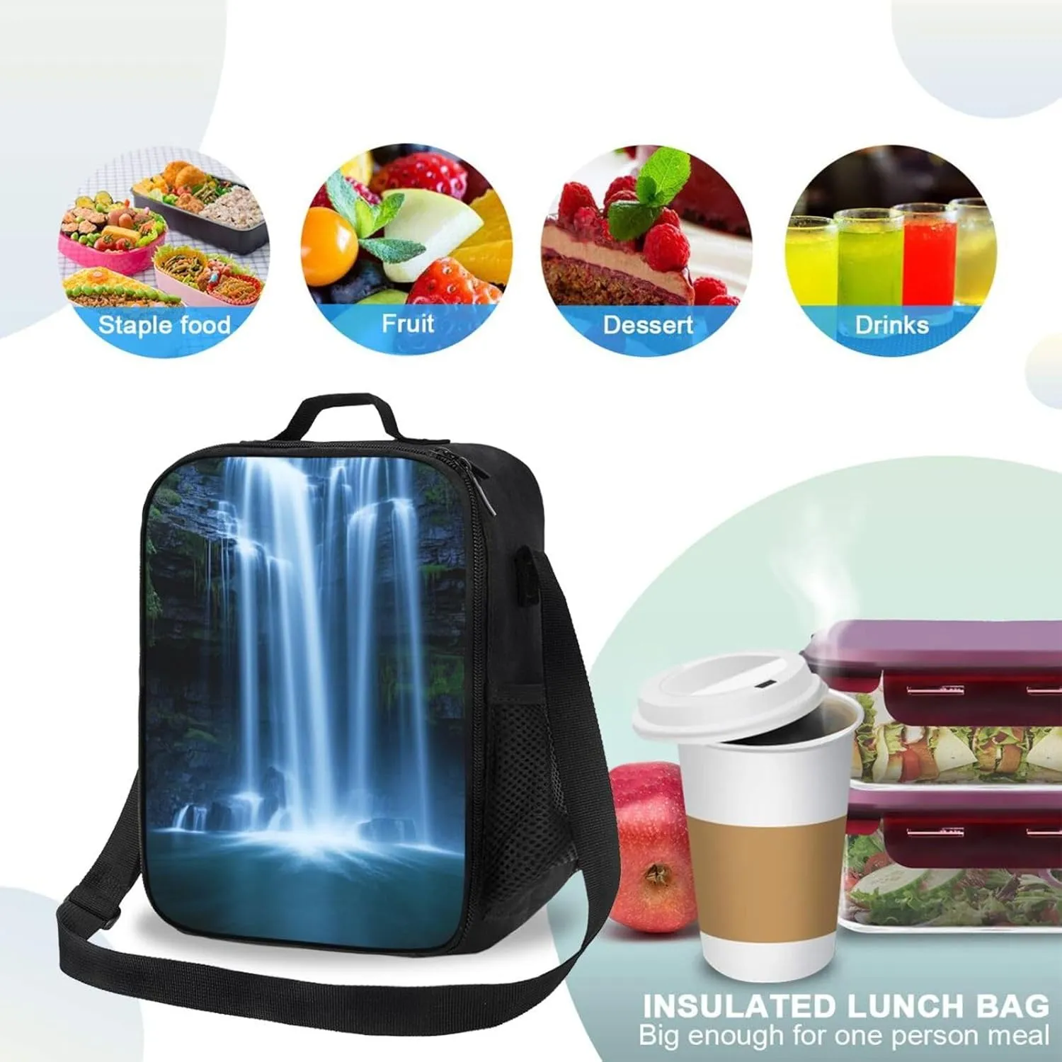 Insulated Lunch box for Men Women Reusable Lunch Bag Waterfall Flowing Down Cooler Tote Bags for Work Picnic