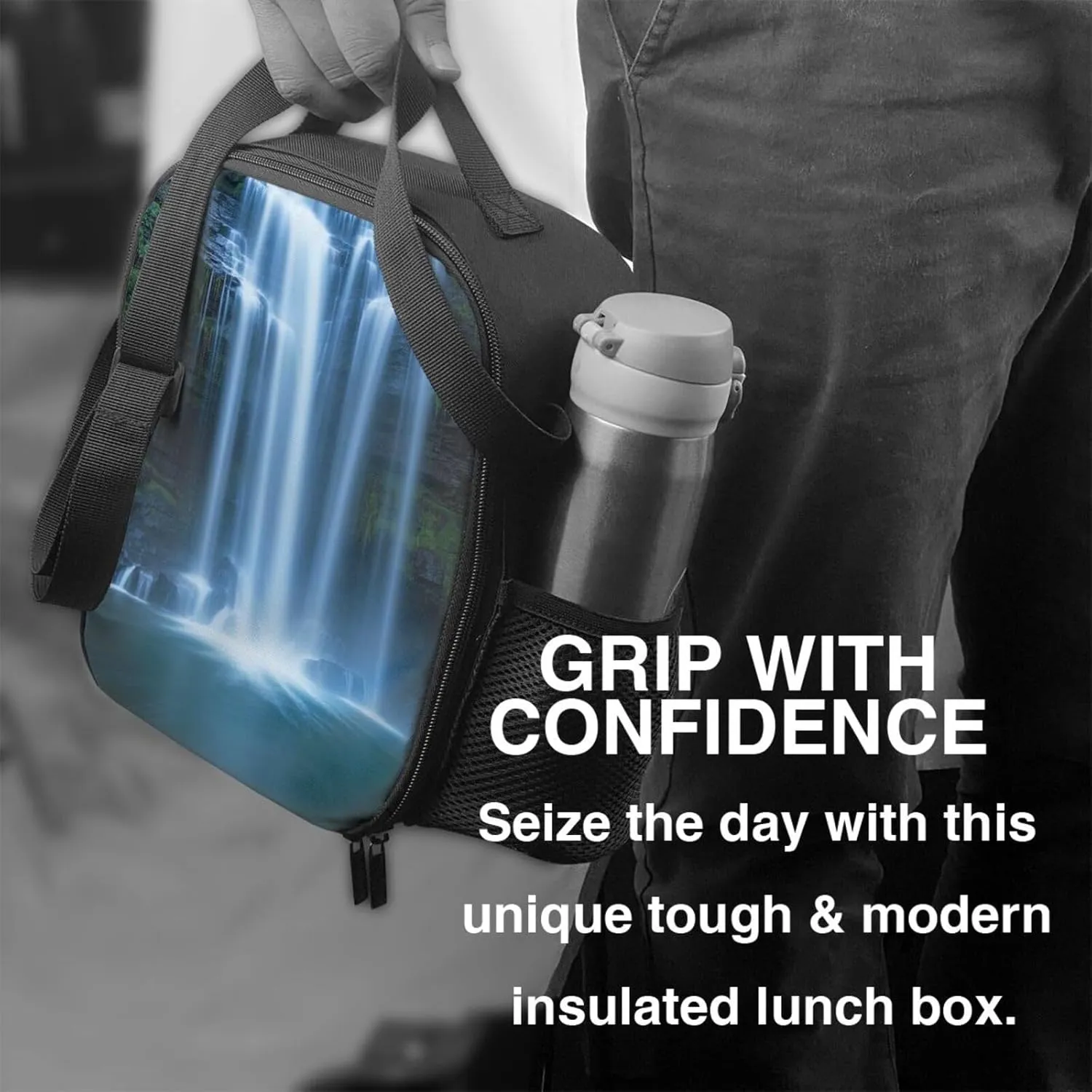 Insulated Lunch box for Men Women Reusable Lunch Bag Waterfall Flowing Down Cooler Tote Bags for Work Picnic