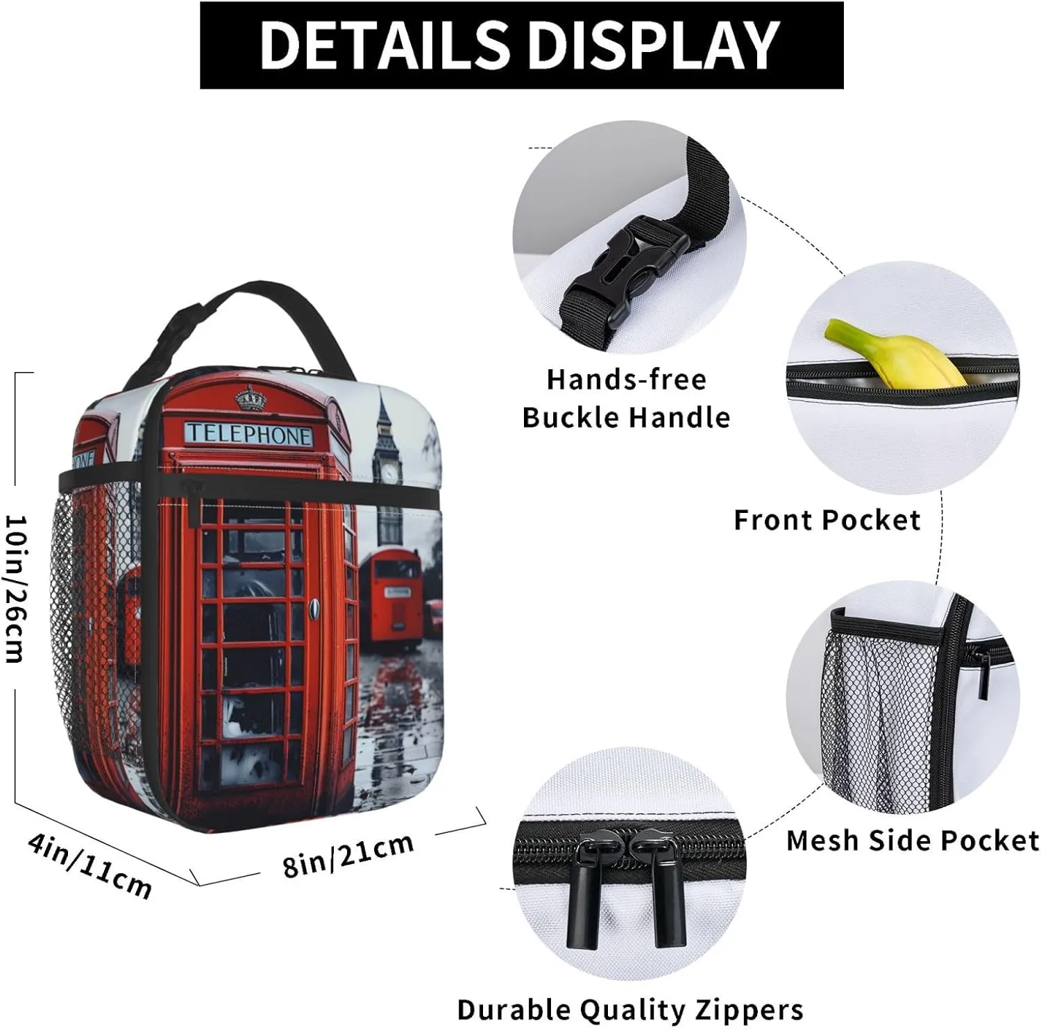 Insulated Lunchbox Reusable Cooler Bag England UK Retro London Telephone Lunch Bag Portable Lunch Tote Bag for Work Picnic