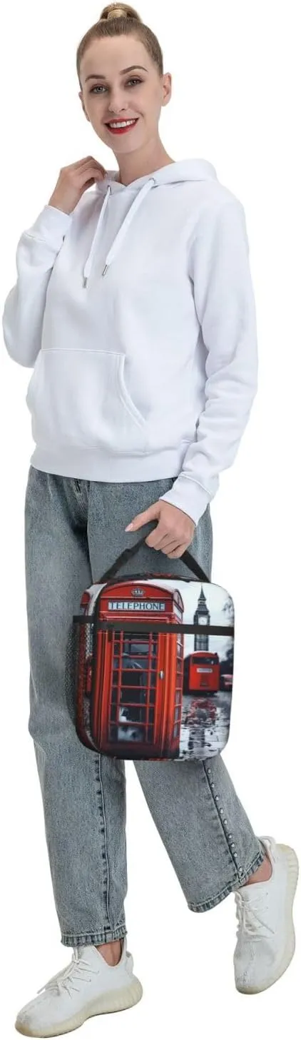 Insulated Lunchbox Reusable Cooler Bag England UK Retro London Telephone Lunch Bag Portable Lunch Tote Bag for Work Picnic