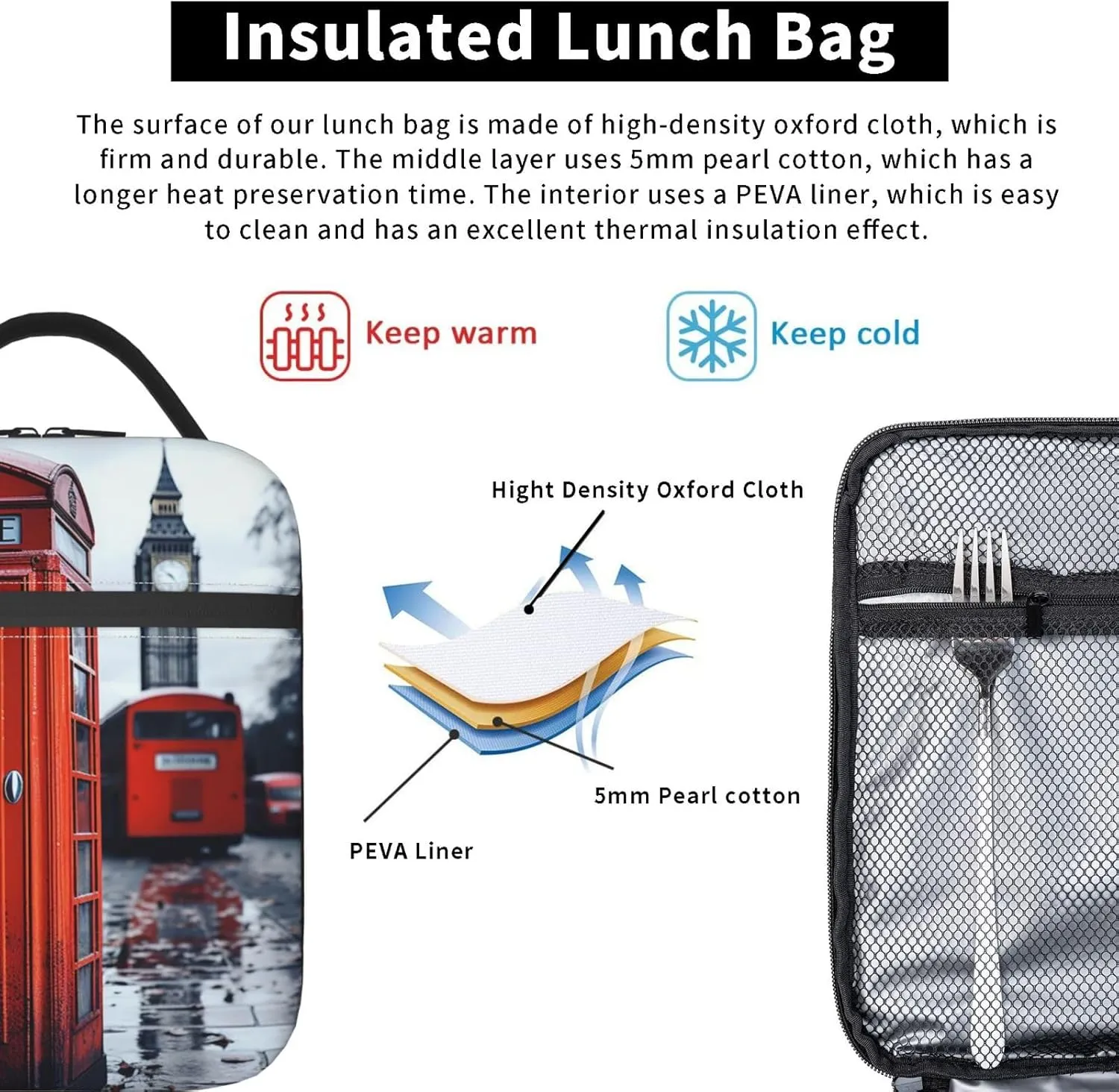 Insulated Lunchbox Reusable Cooler Bag England UK Retro London Telephone Lunch Bag Portable Lunch Tote Bag for Work Picnic