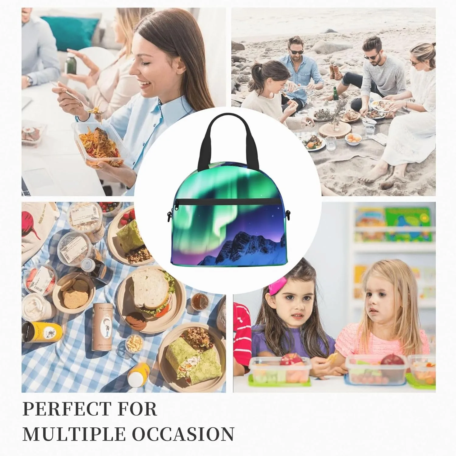 Insulated Lunchbox Reusable Cooler Bag Northern Lights Lunch Bag Portable Lunch Tote Bag for Work Picnic