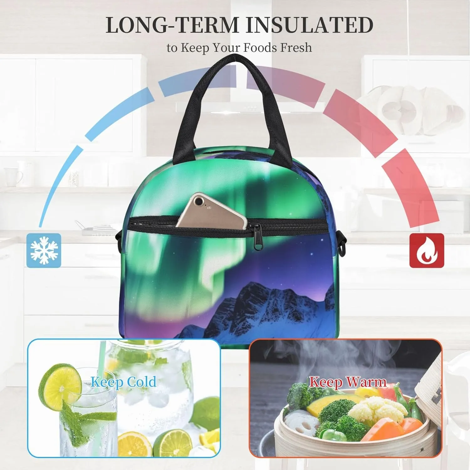 Insulated Lunchbox Reusable Cooler Bag Northern Lights Lunch Bag Portable Lunch Tote Bag for Work Picnic