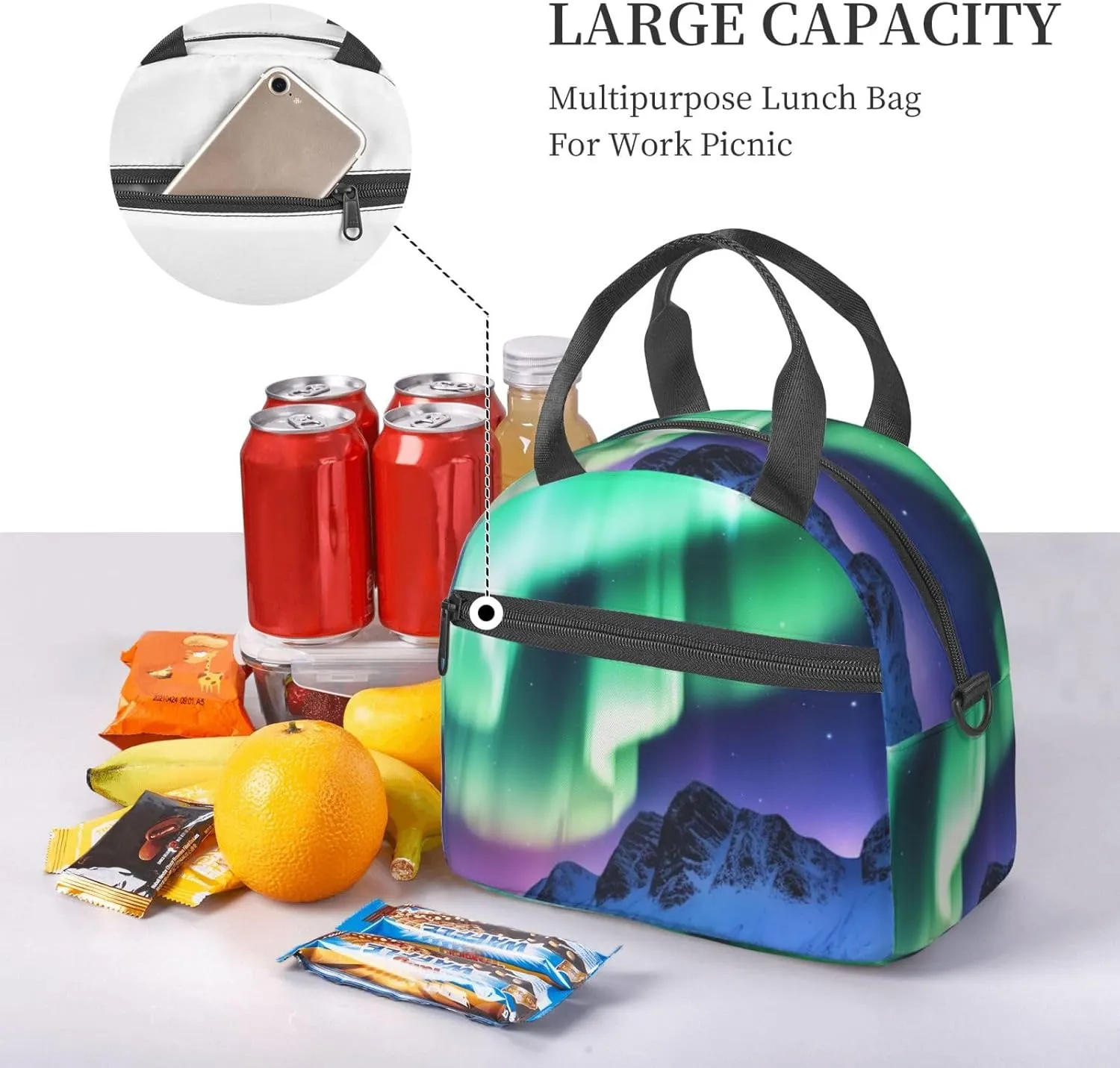 Insulated Lunchbox Reusable Cooler Bag Northern Lights Lunch Bag Portable Lunch Tote Bag for Work Picnic