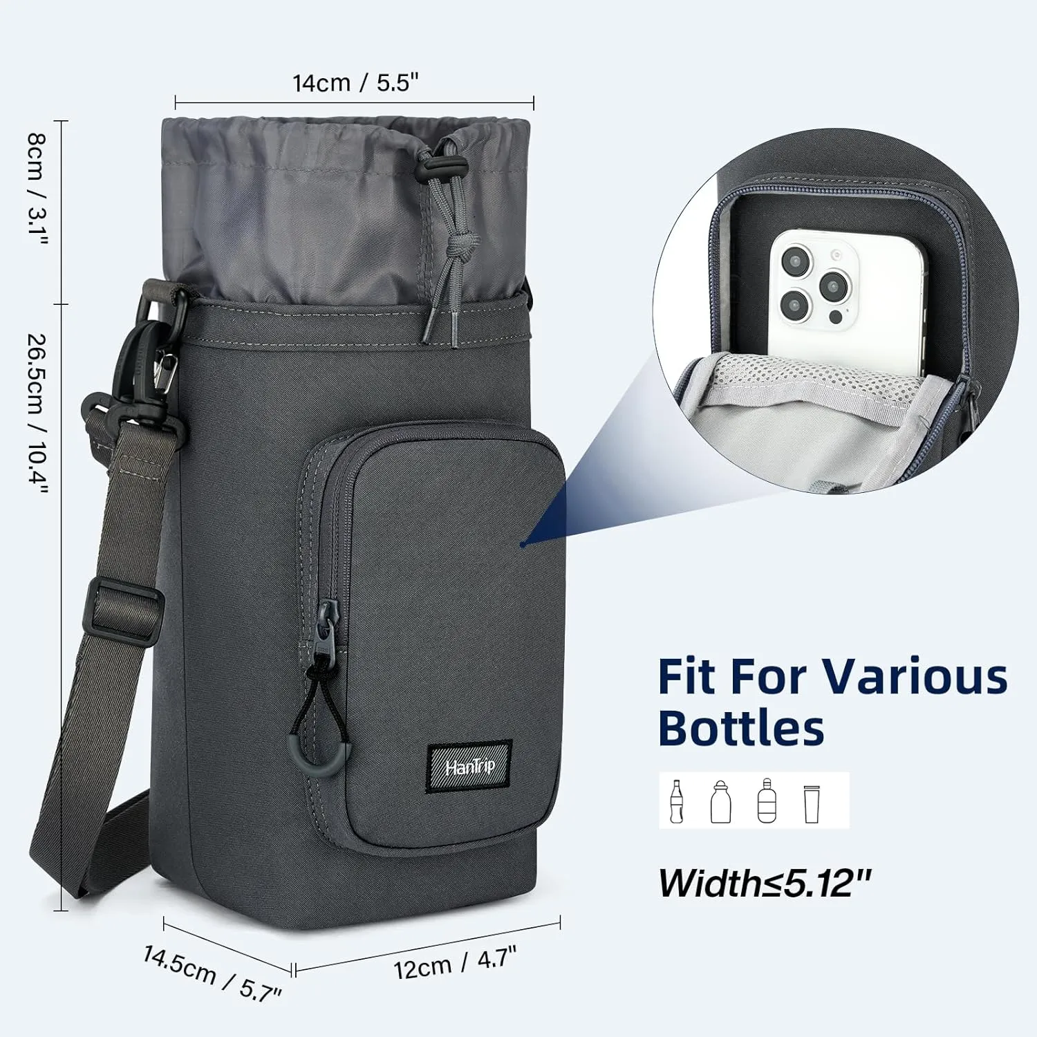 Insulated Water Bottle Carrier Bag with Strap Phone Pocket for 25/32/40/64/128 oz Tumbler Cup, Water Bottle Holder
