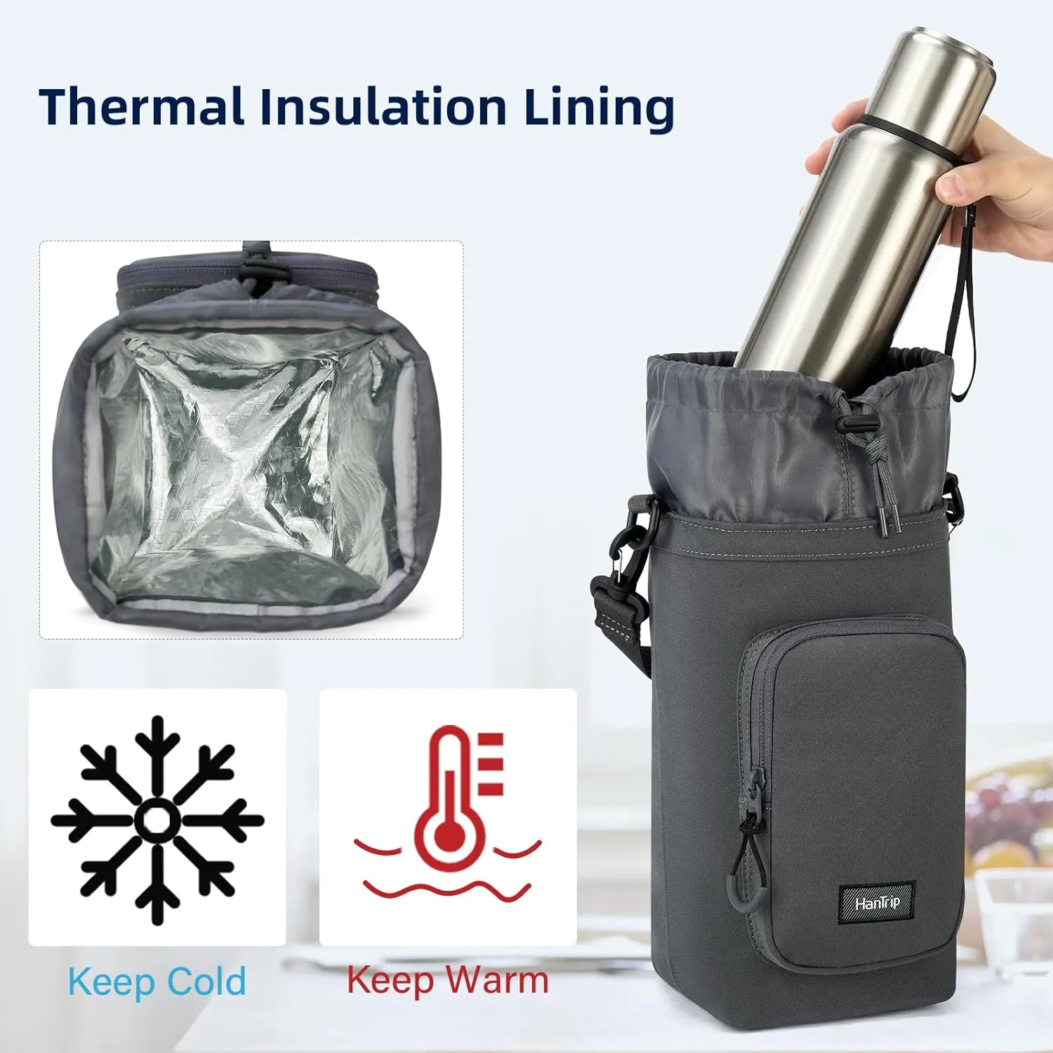 Insulated Water Bottle Carrier Bag with Strap Phone Pocket for 25/32/40/64/128 oz Tumbler Cup, Water Bottle Holder