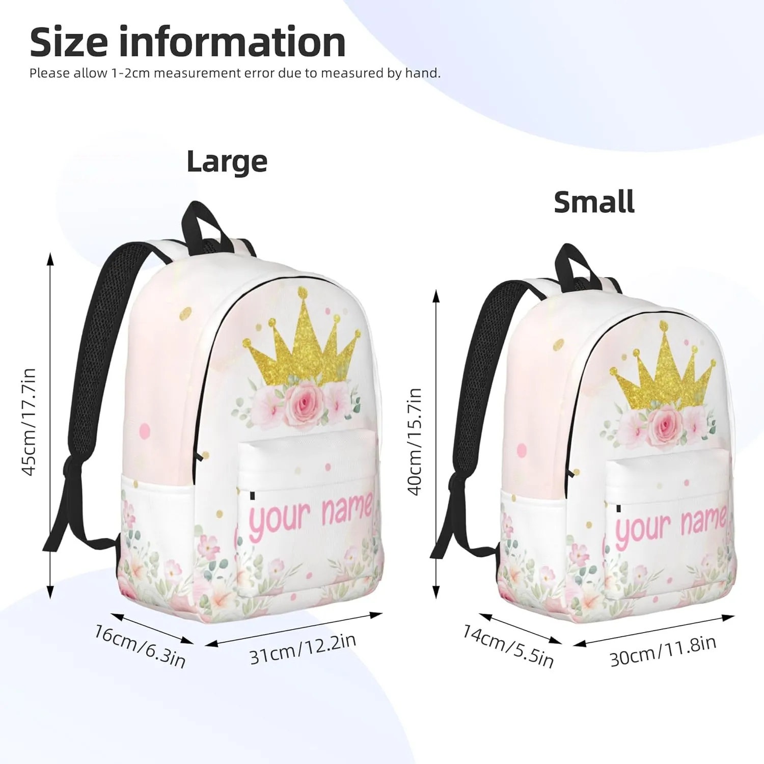 J&SBGFT Personalized Backpack for Girls,Custom Backpacks with Name,Customized School Bag for Kids Girl,Crown Book Bags for Student Back to School Travel Picnic 15in