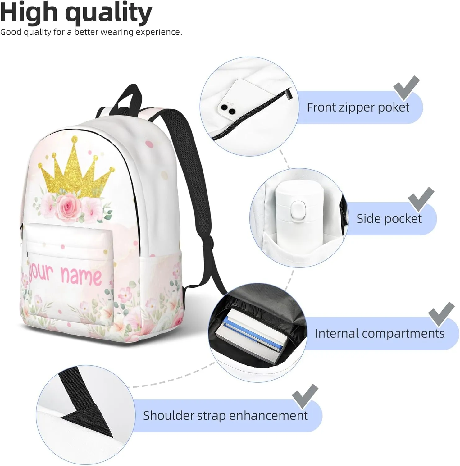 J&SBGFT Personalized Backpack for Girls,Custom Backpacks with Name,Customized School Bag for Kids Girl,Crown Book Bags for Student Back to School Travel Picnic 15in