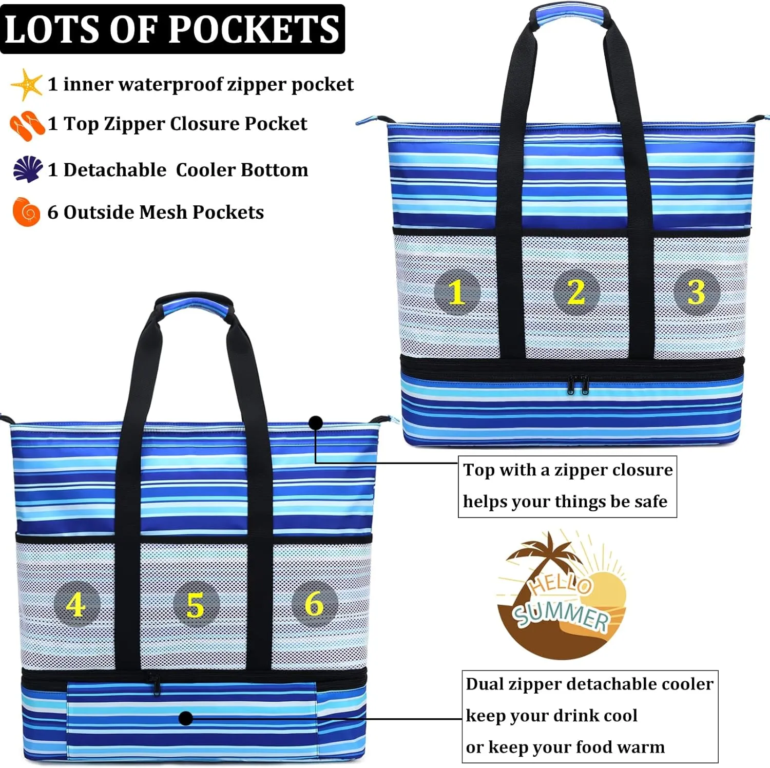 JIANYA Beach Bag Women Waterproof Sandproof Beach Tote Bags with Cooler Top Zipper Large Totes for Pool Travel Daily