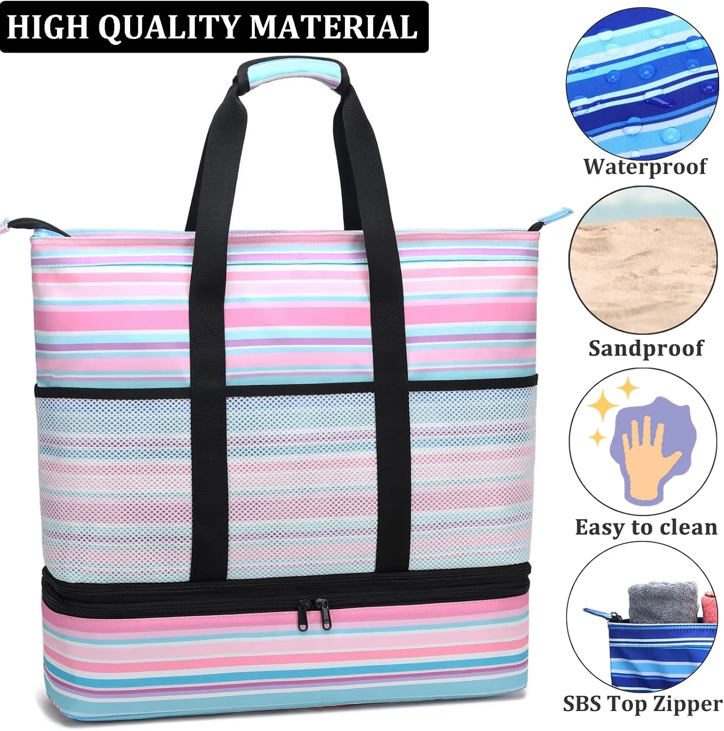 JIANYA Beach Bag Women Waterproof Sandproof Beach Tote Bags with Cooler Top Zipper Large Totes for Pool Travel Daily