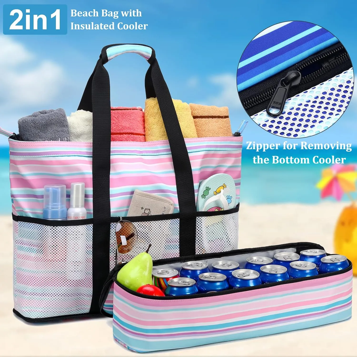 JIANYA Beach Bag Women Waterproof Sandproof Beach Tote Bags with Cooler Top Zipper Large Totes for Pool Travel Daily