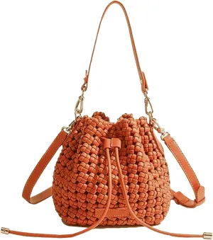 JINMANXUE Fashion Hollow Bucket Tote Bag For Women, Crossbody Female Handbag Woven Silk bag Leisure Leather Shoulder Bag