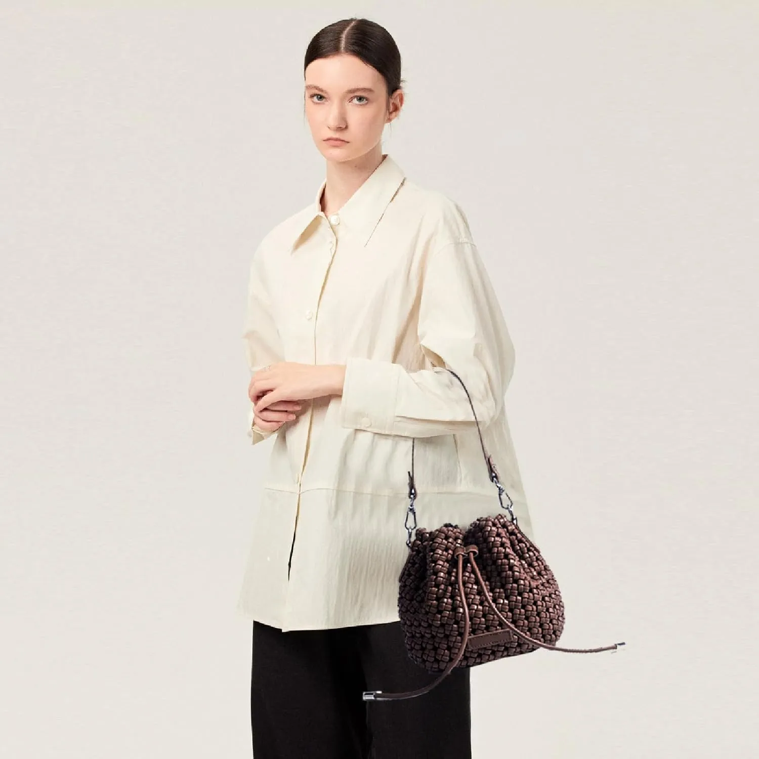 JINMANXUE Fashion Hollow Bucket Tote Bag For Women, Crossbody Female Handbag Woven Silk bag Leisure Leather Shoulder Bag