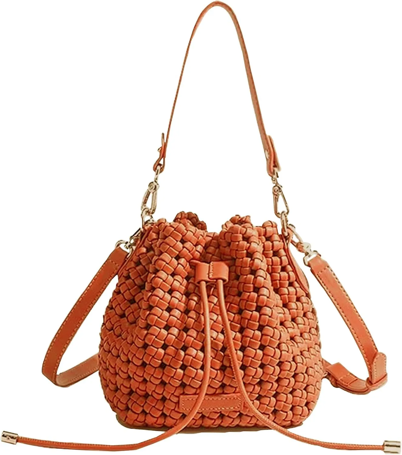 JINMANXUE Fashion Hollow Bucket Tote Bag For Women, Crossbody Female Handbag Woven Silk bag Leisure Leather Shoulder Bag