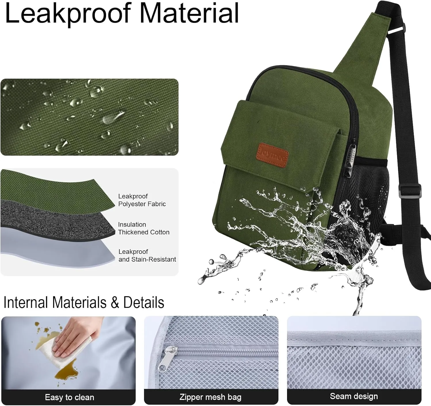 Joymee Sling Lunch Box Lunch Bag for Women Men Adult Portable Leakproof Reusable Insulated-Crossbody Lunchbox small Cooler with Shoulder Strap Side Pockets Front Pocket for Work Travel - Olive Green