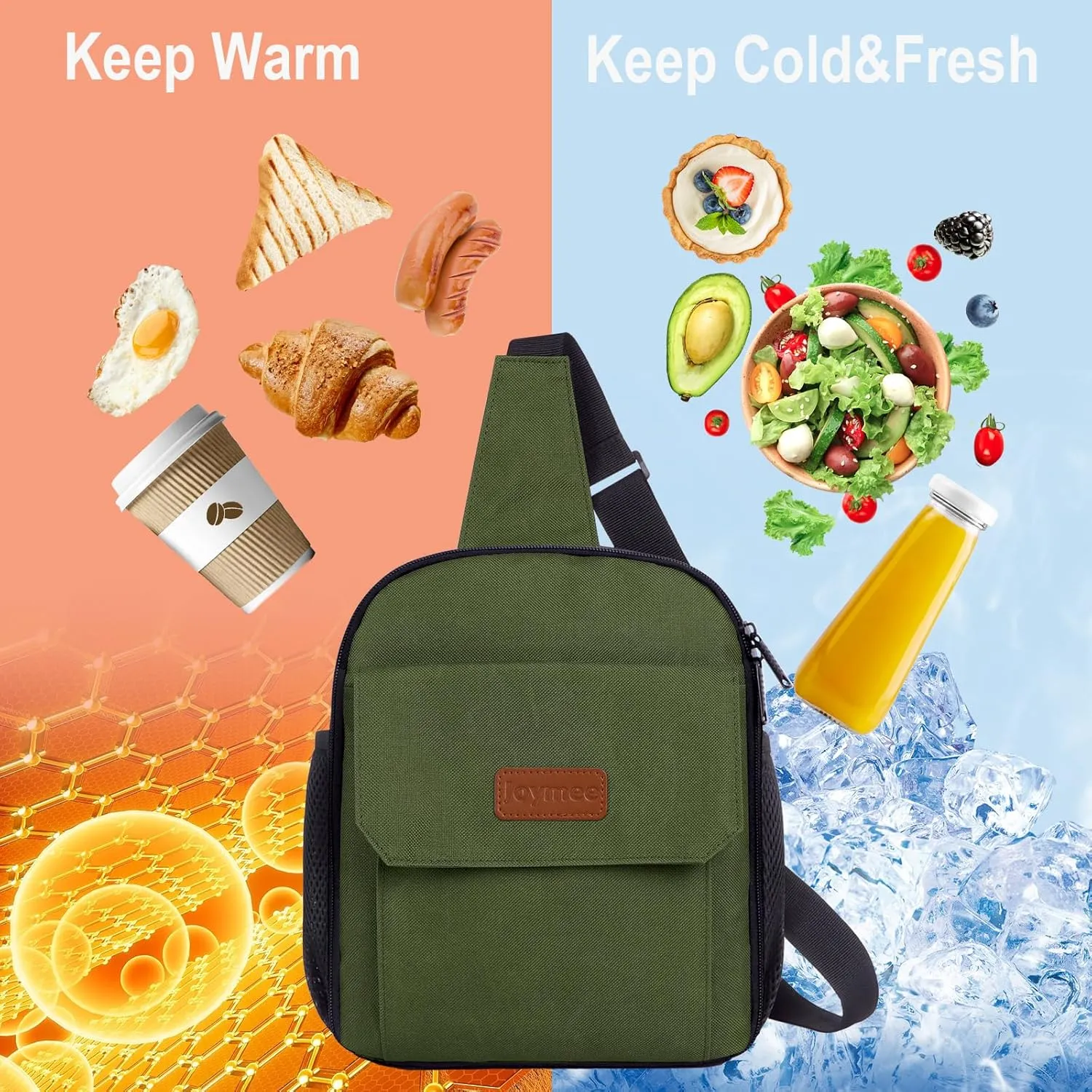 Joymee Sling Lunch Box Lunch Bag for Women Men Adult Portable Leakproof Reusable Insulated-Crossbody Lunchbox small Cooler with Shoulder Strap Side Pockets Front Pocket for Work Travel - Olive Green