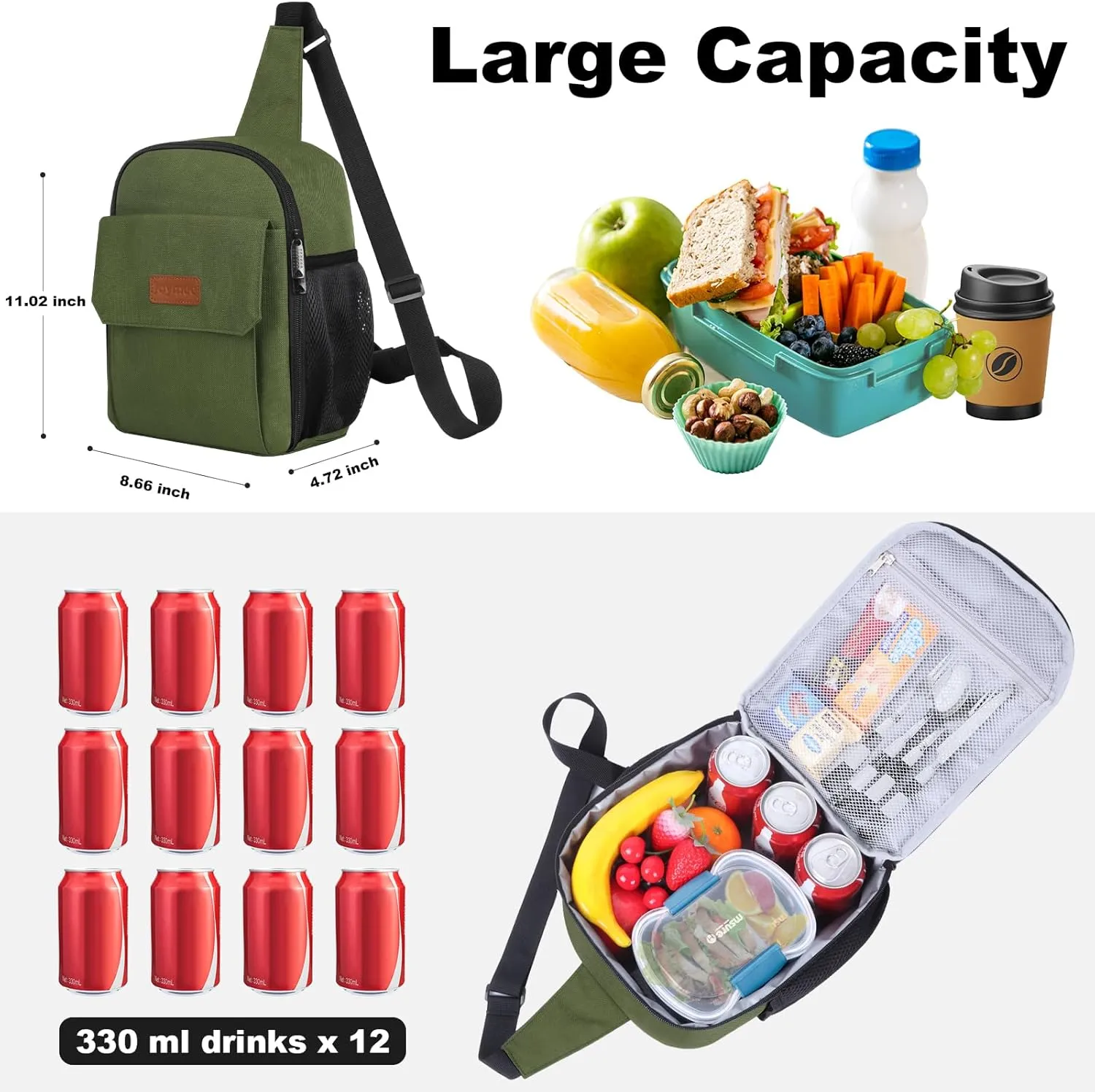 Joymee Sling Lunch Box Lunch Bag for Women Men Adult Portable Leakproof Reusable Insulated-Crossbody Lunchbox small Cooler with Shoulder Strap Side Pockets Front Pocket for Work Travel - Olive Green