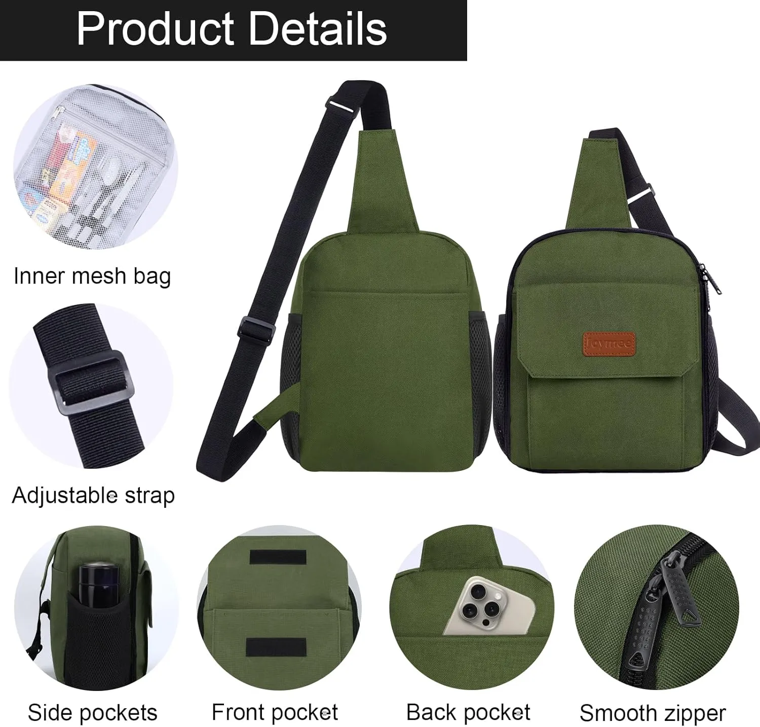 Joymee Sling Lunch Box Lunch Bag for Women Men Adult Portable Leakproof Reusable Insulated-Crossbody Lunchbox small Cooler with Shoulder Strap Side Pockets Front Pocket for Work Travel - Olive Green