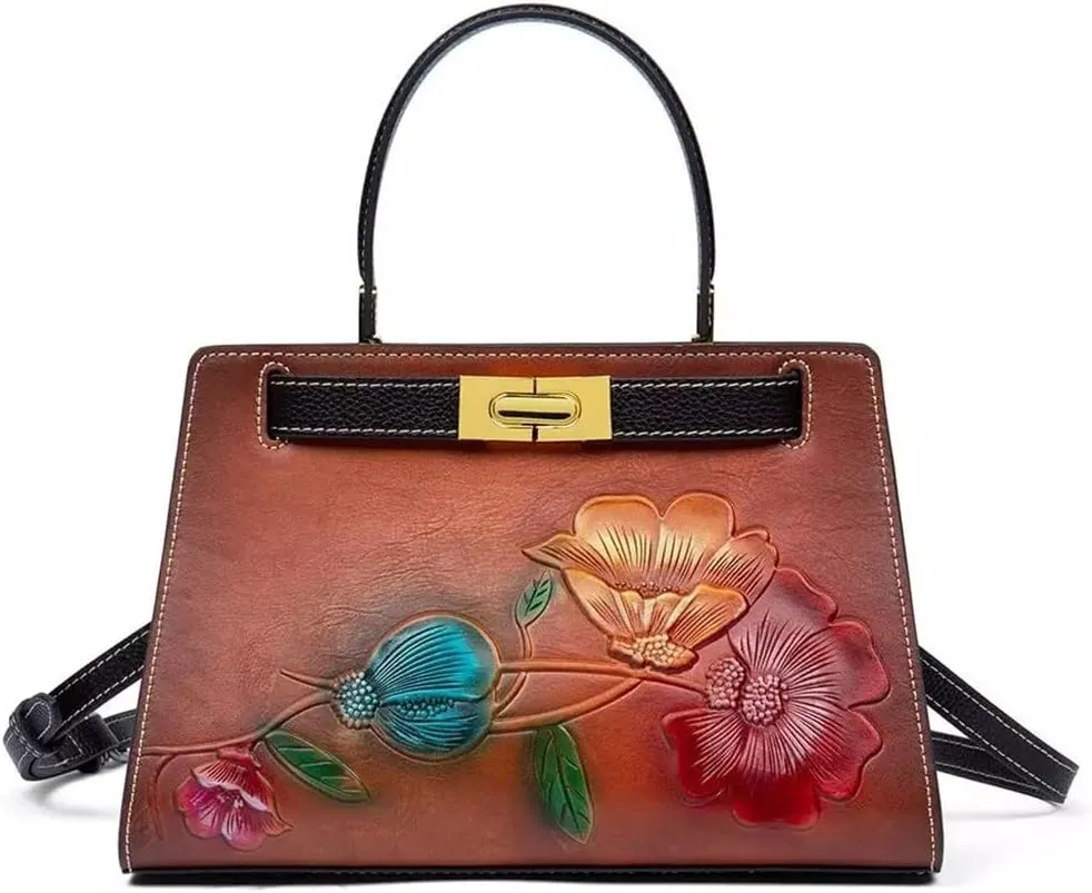 JSEIAJB Vintage Elegant Women's Bag Floral Handbag Hand Embossed Large Capacity Shoulder Bag