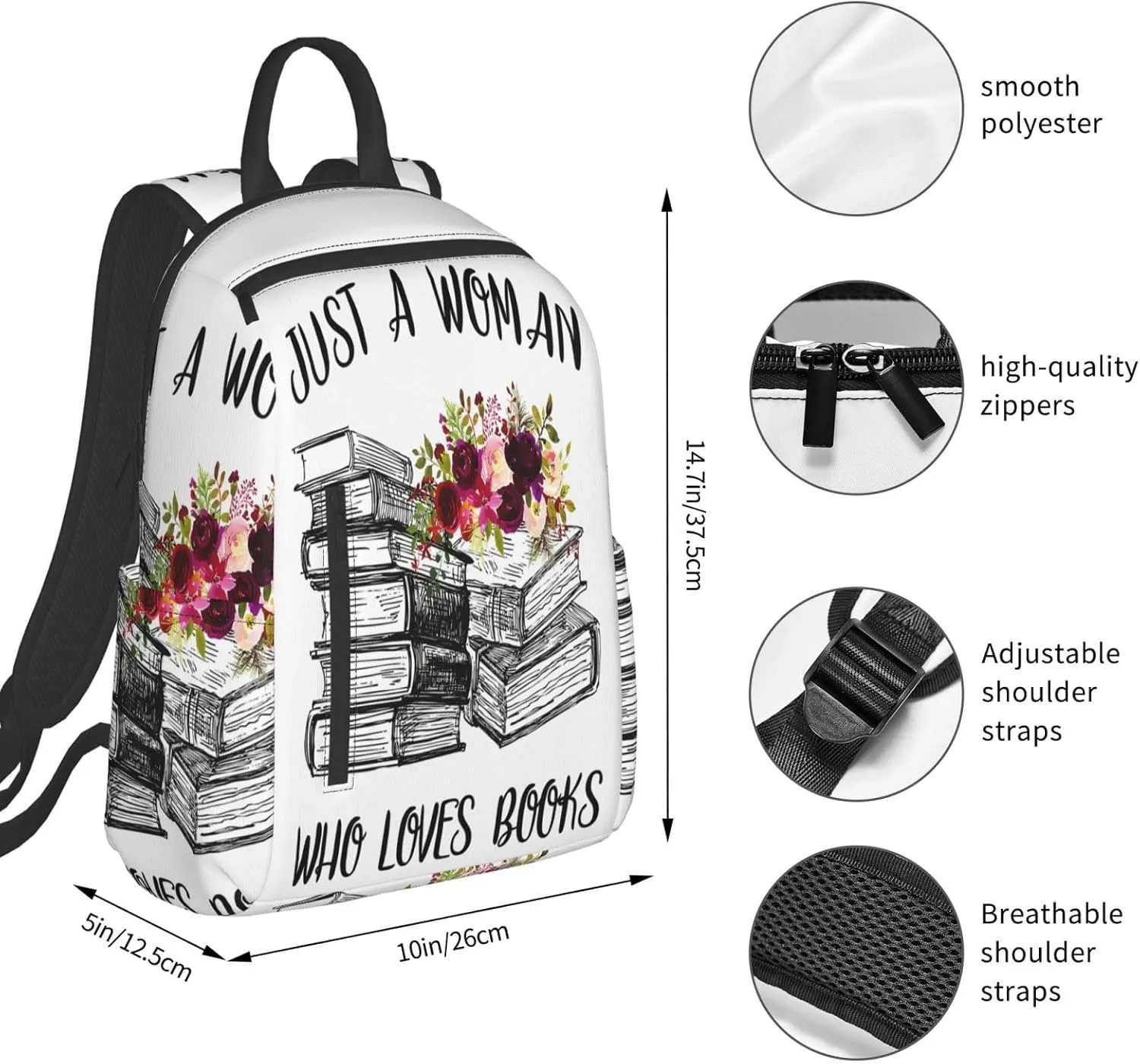 Just A Women Who Loves Books Travel Laptop Backpack Casual Backpacks Double Shoulder Daypack Notebook Rucksack Work Bags Sports Bag for Gym Hiking Camping Beach