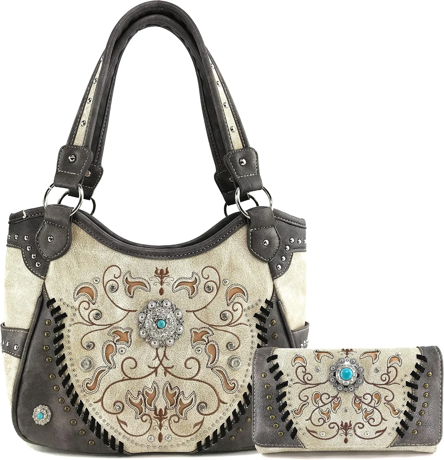 Justin West Concho Floral Embroidered Studded CCW Concealed Carry Shoulder Purse Handbag Wallet