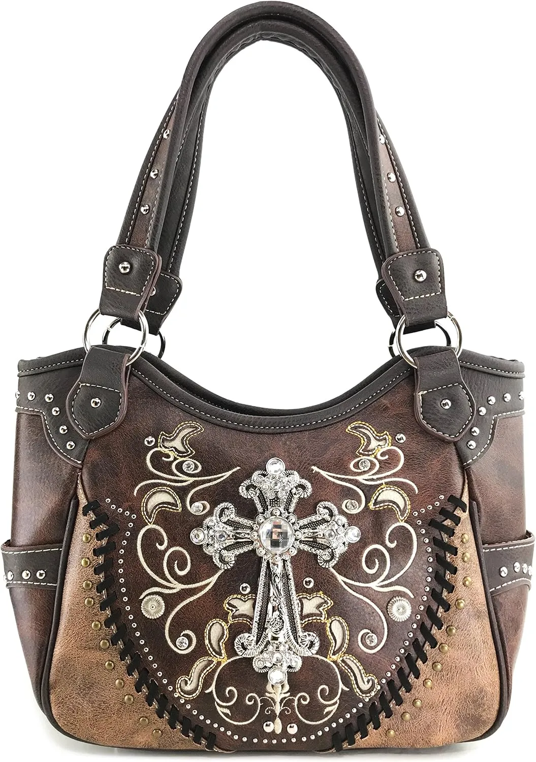 Justin West Cross Floral Embroidered Studded CCW Concealed Carry Shoulder Purse Handbag Wallet