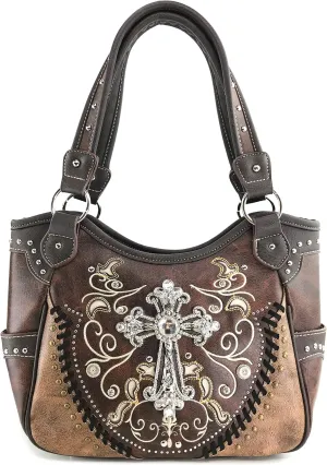 Justin West Cross Floral Embroidered Studded CCW Concealed Carry Shoulder Purse Handbag Wallet
