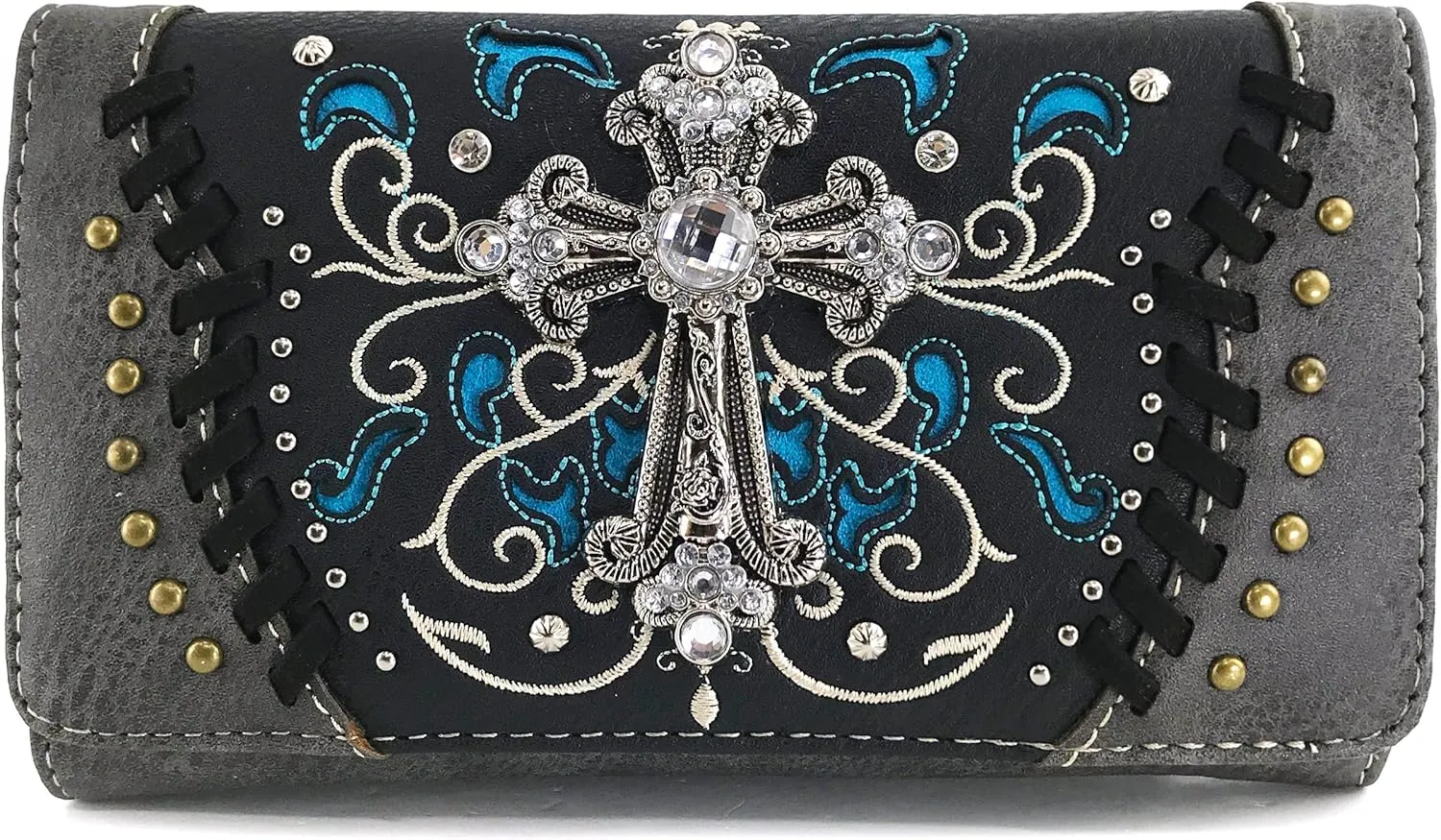 Justin West Cross Floral Embroidered Studded CCW Concealed Carry Shoulder Purse Handbag Wallet