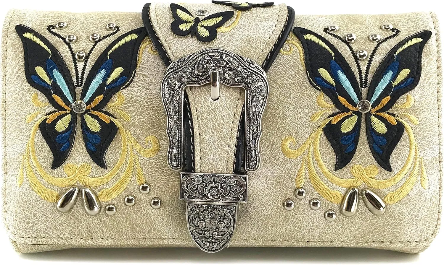 Justin West Floral Embroidery Butterfly Rhinestone Buckle Stud Conceal Carry Handbag Purse