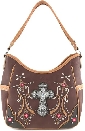 Justin West Western Floral Wing Embroidery Laser Cut Rhinestone Silver Cross Studded Shoulder Tote Handbag Purse Wallet