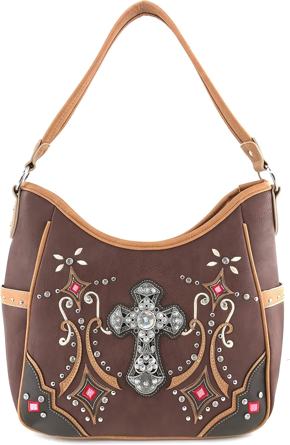 Justin West Western Floral Wing Embroidery Laser Cut Rhinestone Silver Cross Studded Shoulder Tote Handbag Purse Wallet