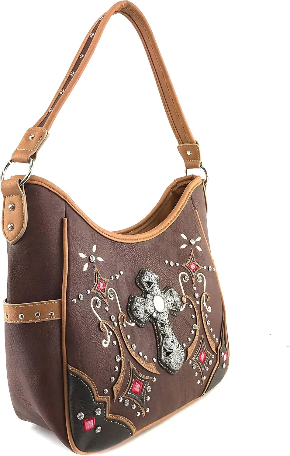 Justin West Western Floral Wing Embroidery Laser Cut Rhinestone Silver Cross Studded Shoulder Tote Handbag Purse Wallet