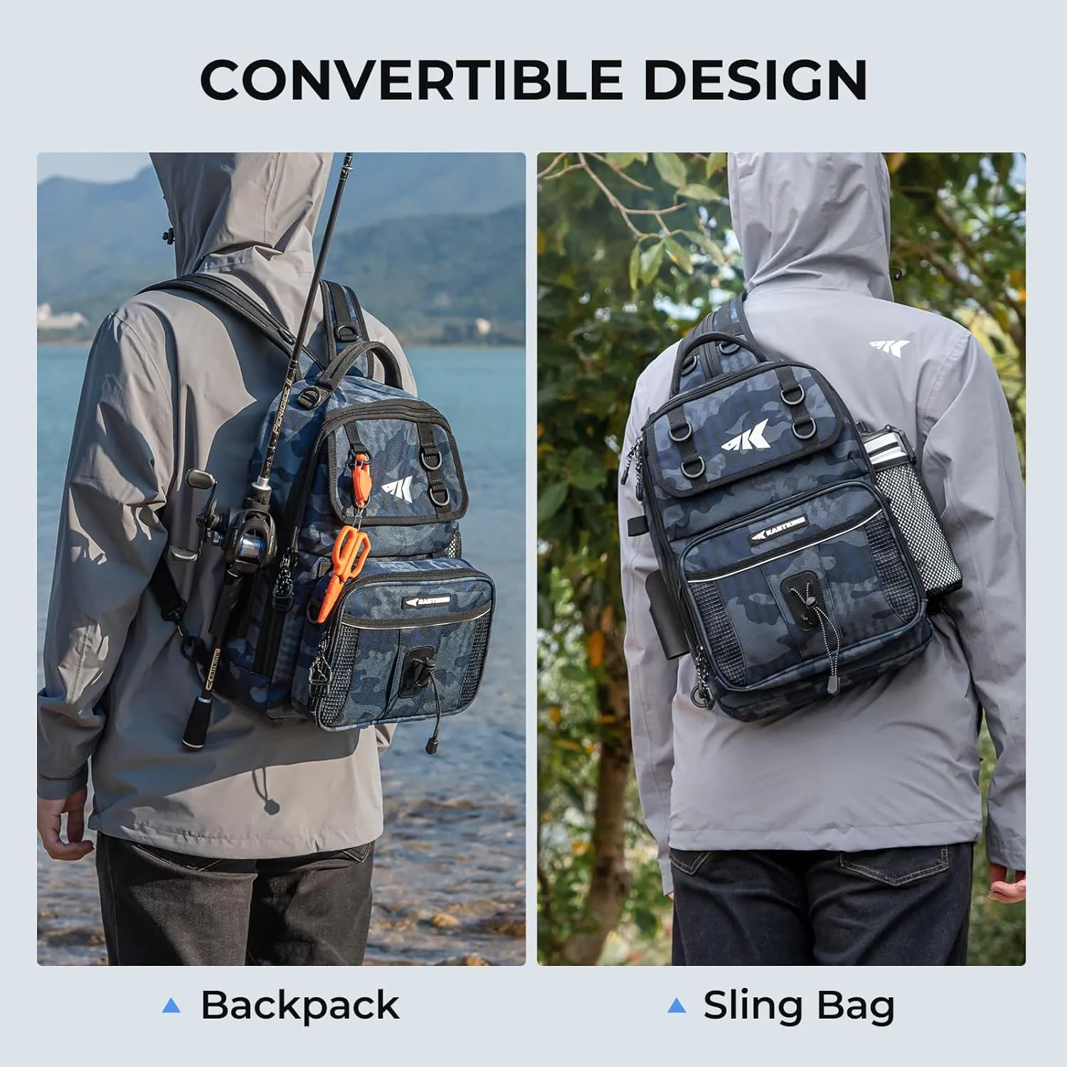 KastKing BaitSpace Fishing Sling Bag, Fishing Backpack with Rod & Beverage Holder, Tackle Bag for Fishing Gear