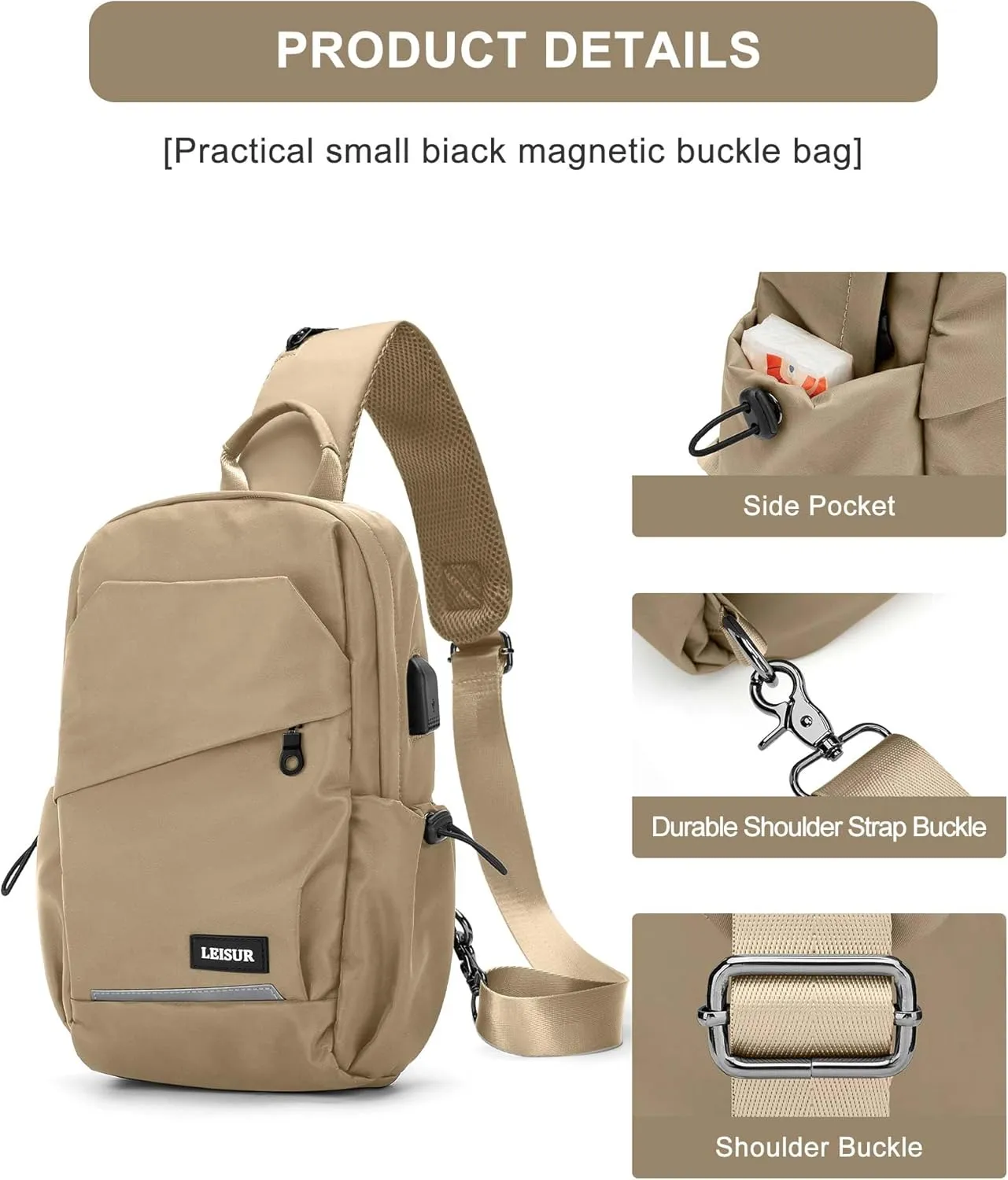 Khaki Sling Bag for Men women, Small Anti Theft One Strap Motorcycle Backpack, Mini Sling Tactical Chest Bag Daypack Crossbody Sling Backpacks for Casual Travel Hiking Gym Outdoor Sports