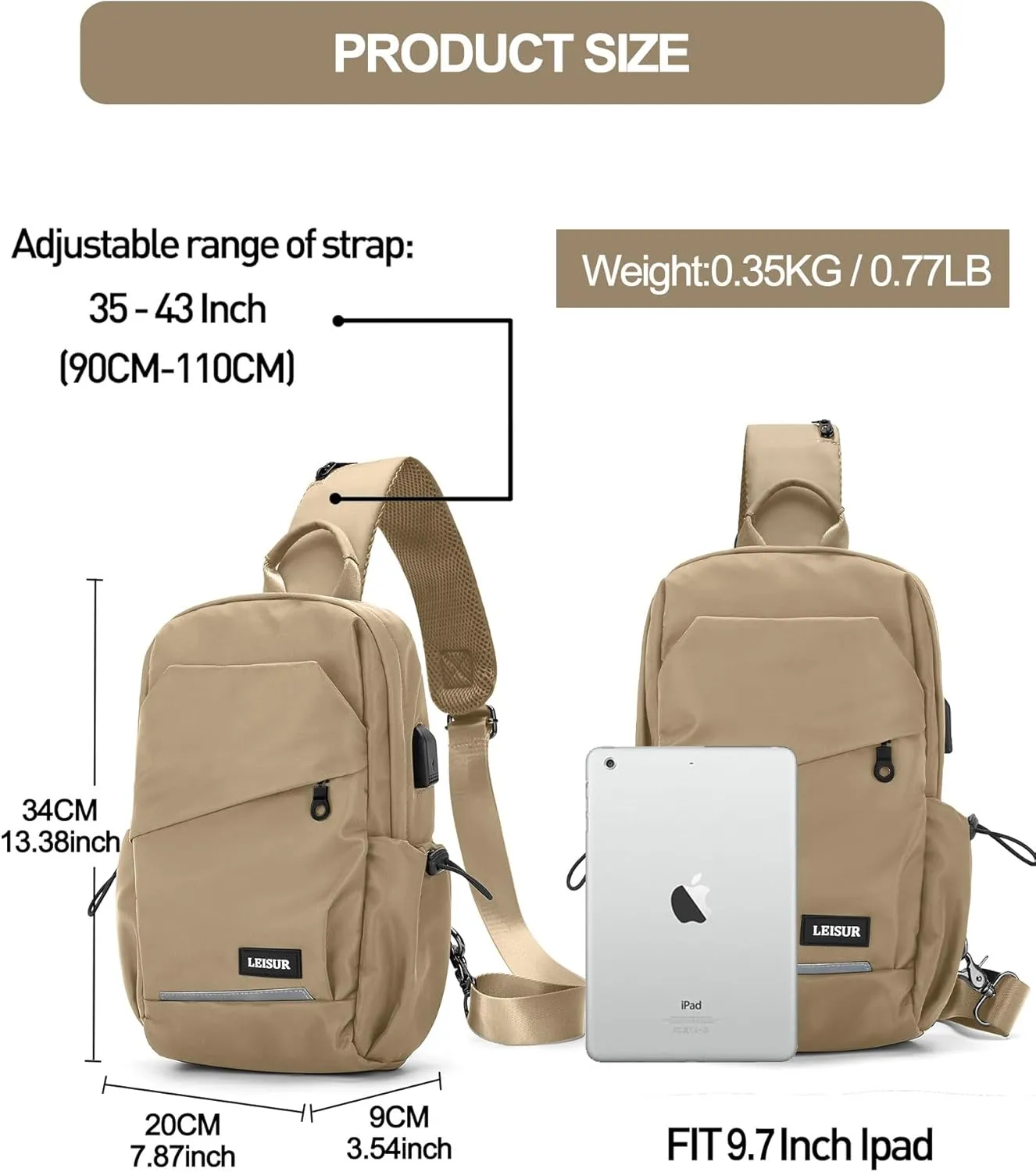 Khaki Sling Bag for Men women, Small Anti Theft One Strap Motorcycle Backpack, Mini Sling Tactical Chest Bag Daypack Crossbody Sling Backpacks for Casual Travel Hiking Gym Outdoor Sports