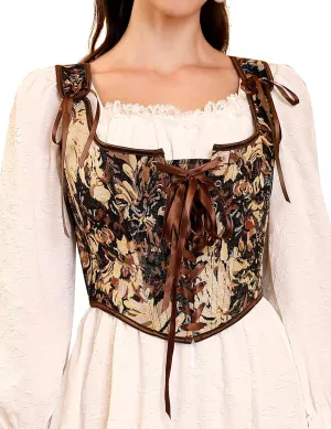 KOJOOIN Women's Vintage Floral Corset Lace-Up Fishbone Print Vest Renaissance pirate costume