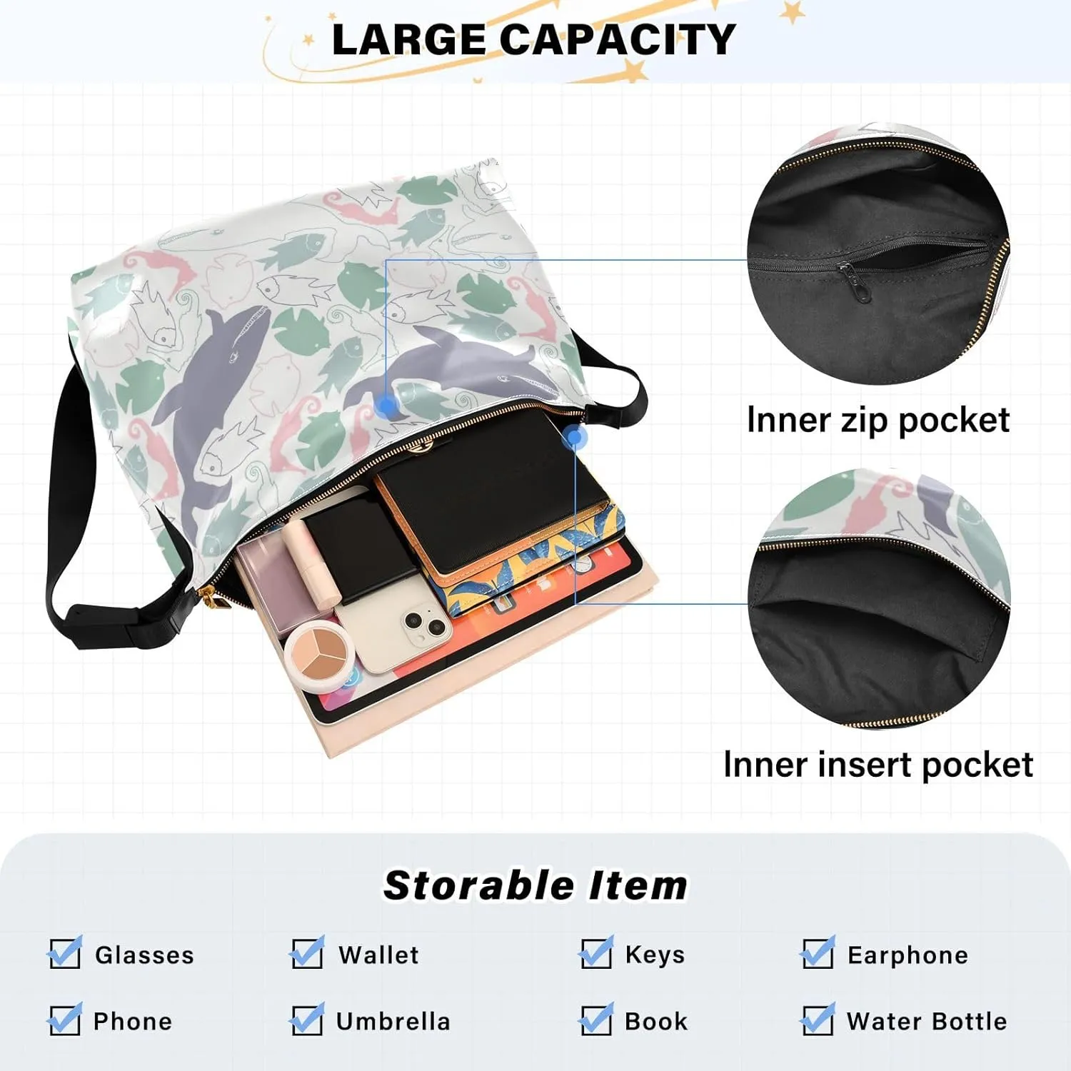 Lady's Leather Handbag with Zipper Adjustable Strap Shoulder Soft Hobo Crossboby Bag Pattern 1