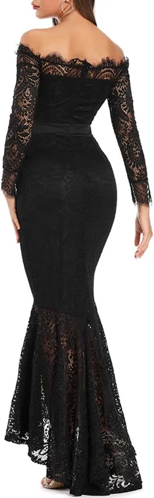 LALAGEN Women's Floral Lace Long Sleeve Off Shoulder Wedding Mermaid Dress