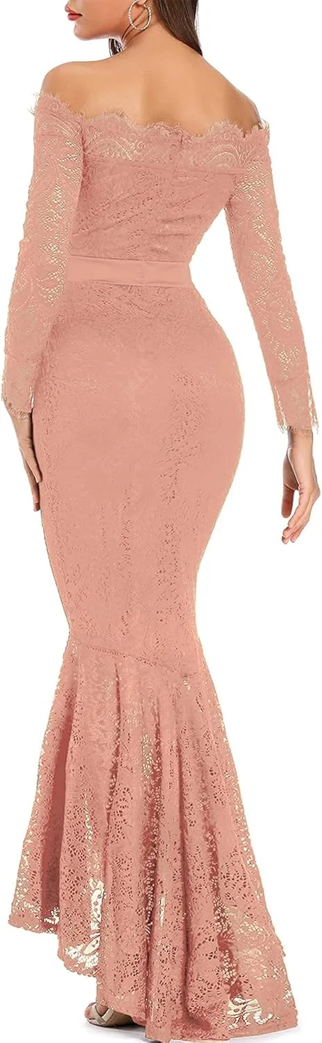 LALAGEN Women's Floral Lace Long Sleeve Off Shoulder Wedding Mermaid Dress