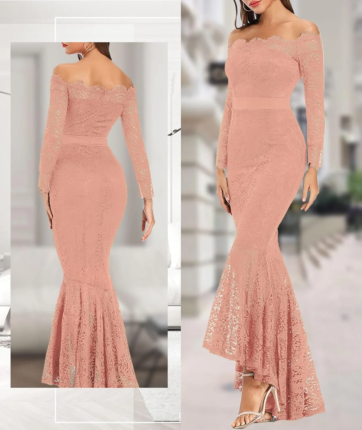 LALAGEN Women's Floral Lace Long Sleeve Off Shoulder Wedding Mermaid Dress