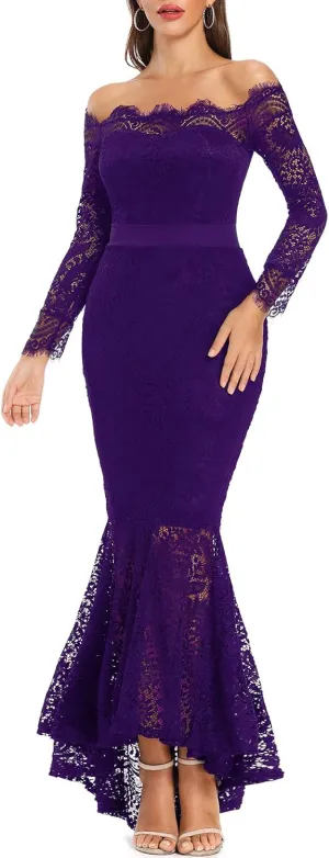 LALAGEN Women's Floral Lace Long Sleeve Off Shoulder Wedding Mermaid Dress